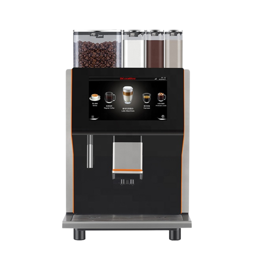 Dr. Coffee - Coffee Center volautomatische koffiemachine, ideaal voor kantoren, bedrijfsverzamelgebouwen en hotels. Uitgerust met drie instant canisters voor cappuccino of chocolademelk, een metalen 21 grams portafilter voor twee koffies tegelijk, en een voorinfusie-optie voor een betere koffie-extractie.