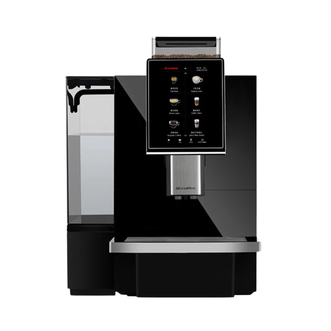 De Dr. Coffee F12 koffiemachine, uitbreidbaar met een aparte melkkoelkast voor cappuccino's en lattes met verse melk. Uitgerust met een metalen 16 grams portafilter voor twee koffies tegelijk en een voorinfusie-optie voor een betere koffie-extractie.