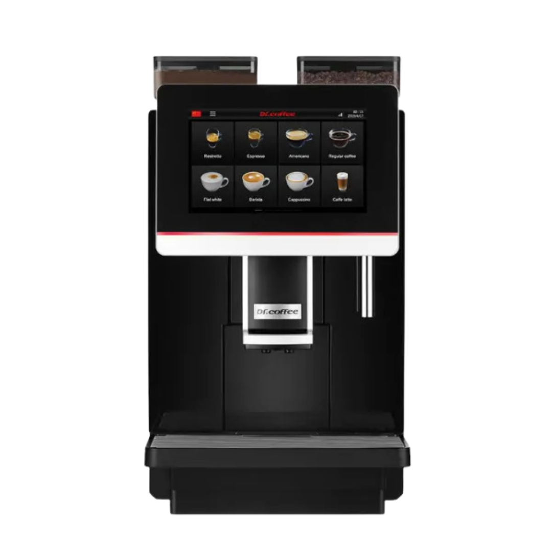 De Dr. Coffee Coffeebar Plus, een veelzijdige koffiemachine met een 21 grams portafilter en dubbele cappuccinokop voor twee cappuccino's tegelijk. Uitbreidbaar met een melkkoelkast voor verse melkdranken zoals cappuccino, latte en chocolademelk. Inclusief een bonencanister van 1,5 kg, een instantcanister voor cacao en MDB-ondersteuning voor pinbetalingen.