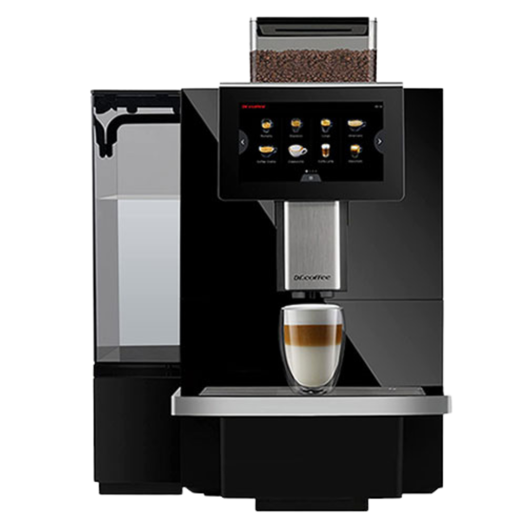 De Dr. Coffee F11 koffiemachine, uitbreidbaar met een aparte melkkoelkast voor cappuccino's en lattes met verse melk. Voorzien van een metalen 16 grams portafilter voor twee koffies tegelijk en een voorinfusie-optie voor een optimale koffie-extractie.