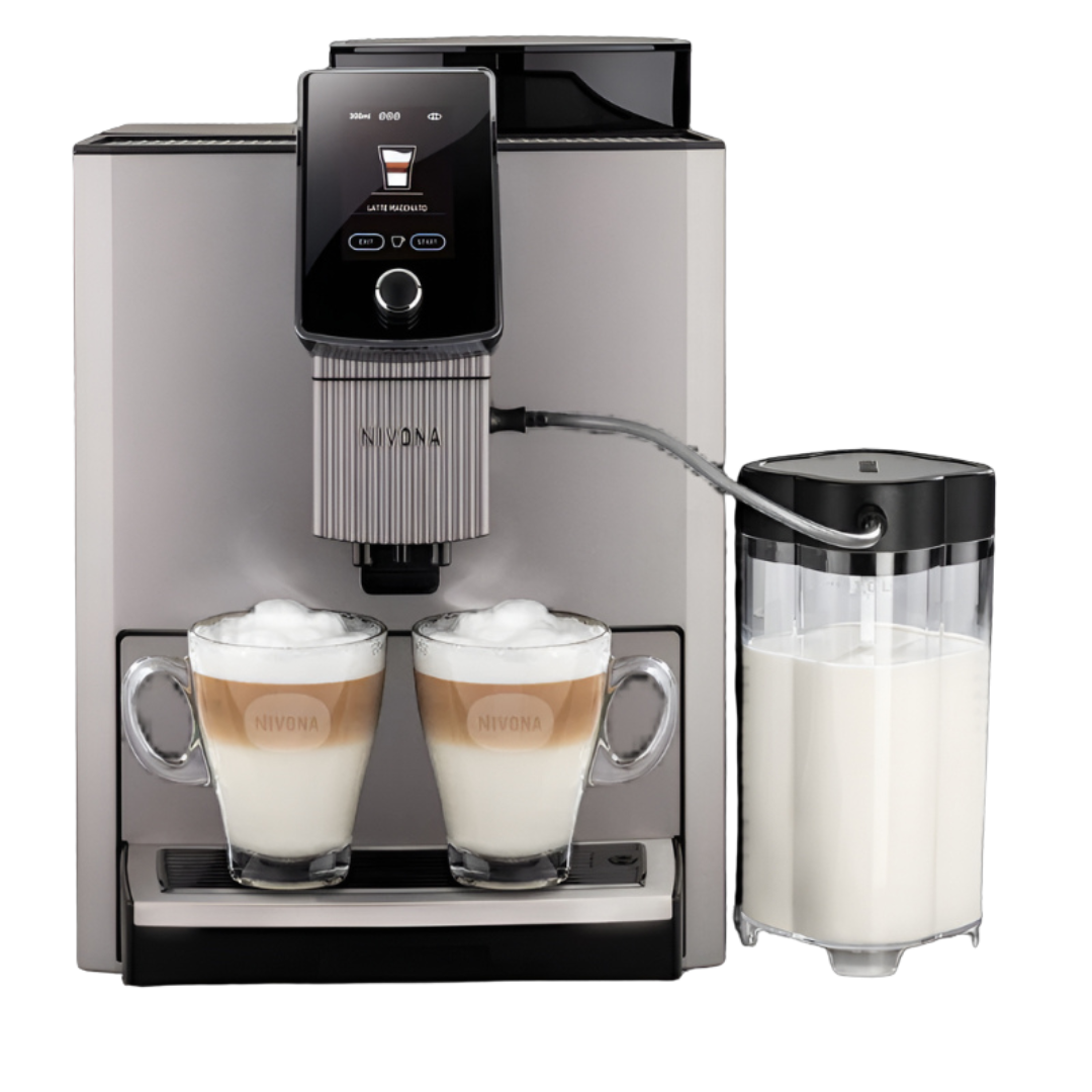 De NICR 1040 koffiemachine voor op kantoor, met eenvoudig te bedienen functies, groot bonen- en waterreservoir, easyclean+ melkslang voor gemakkelijke reiniging, en een snelle profielfunctie voor het zetten van veel koffie met één druk op de knop, ideaal voor lange vergaderingen en plezierige werkuren.